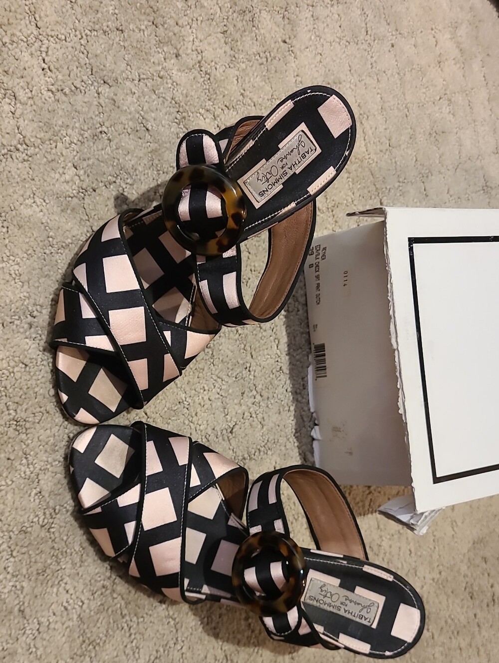 Tabitha Simmons Black & Pink Geometric Strappy Heels with Tortoiseshell Buckle